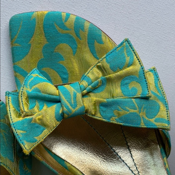 Kate Spade Bow Heel Green Blue Brocade Sandals - Picture 15 of 16